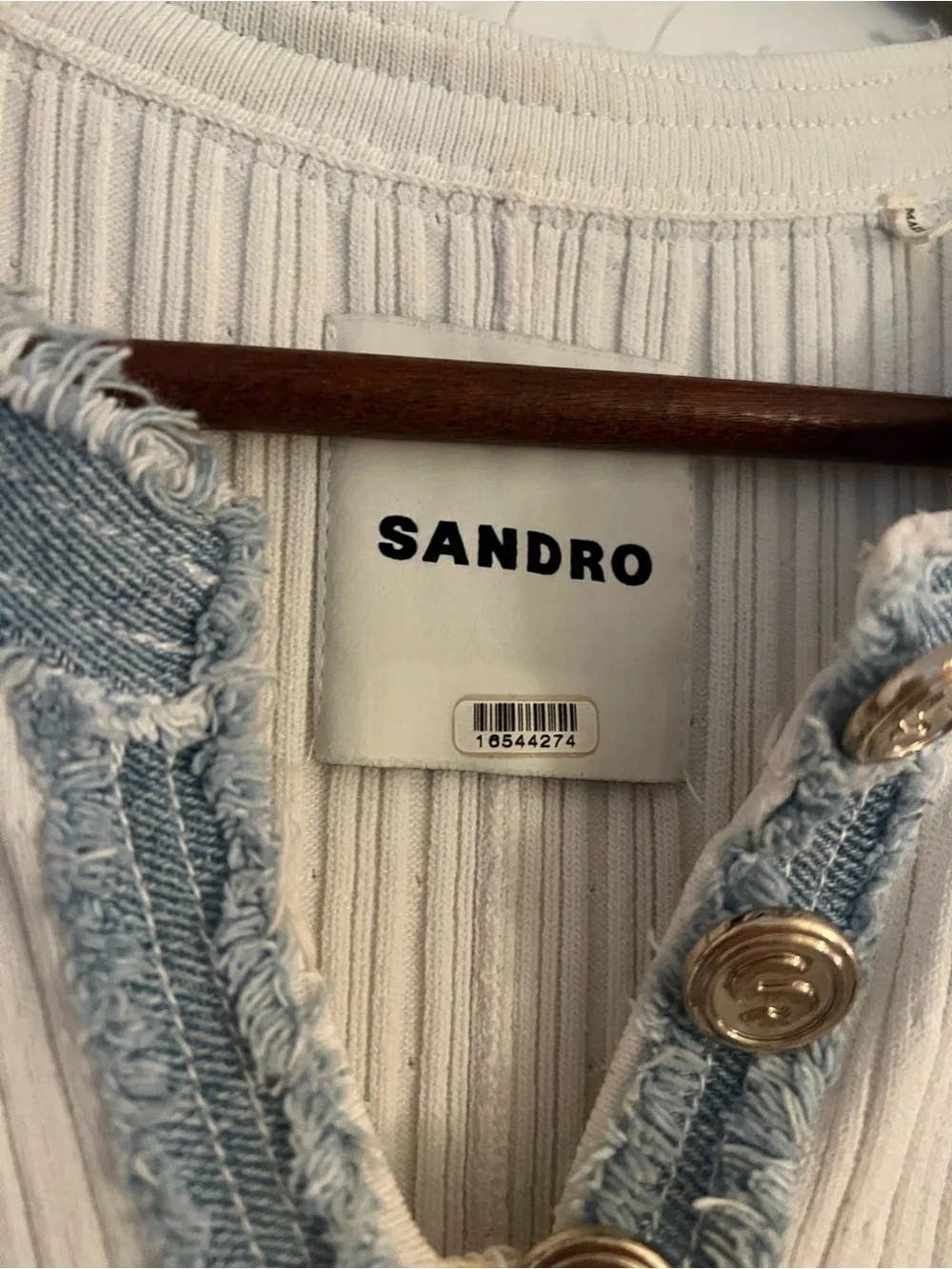 Sandro White Ribbed Maxi Dress with Light Blue Denim Trim - Picture 4 of 6